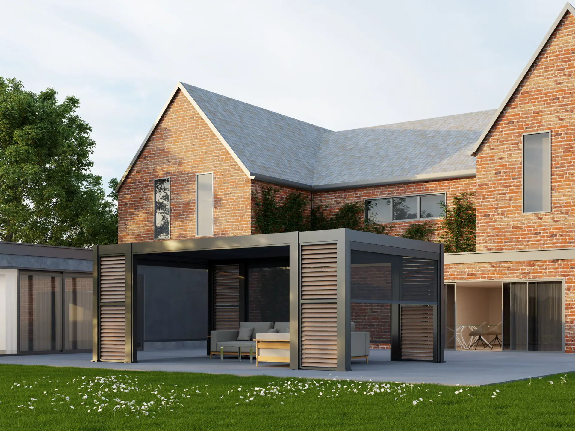 Modern pergola in premium landscaped garden